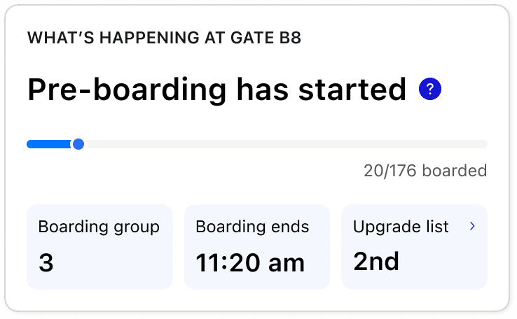 Boarding progression widget showing current boarding status
