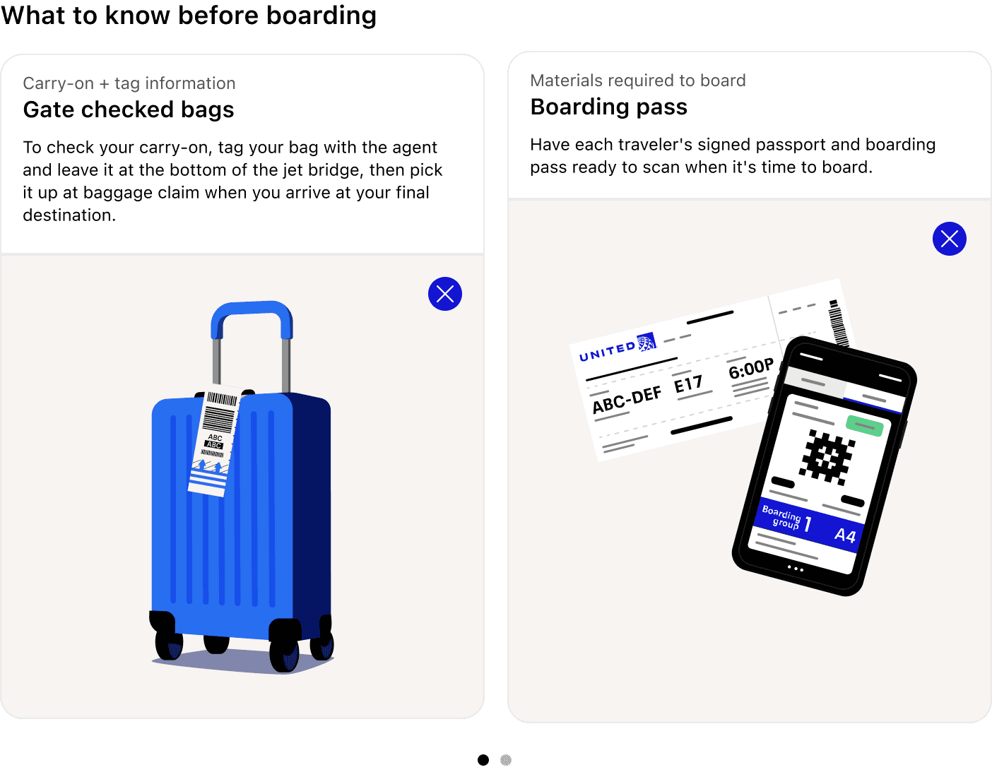 Educational boarding cards with expandable content