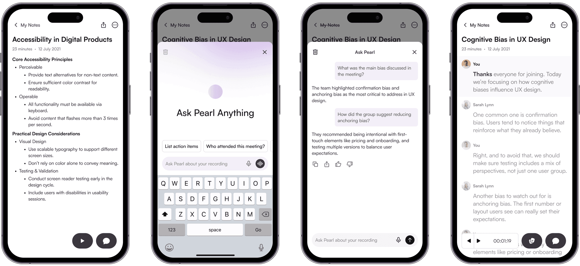 Core user flows: note-taking, Q&A with Pearl, discussion transcription, and transcript review