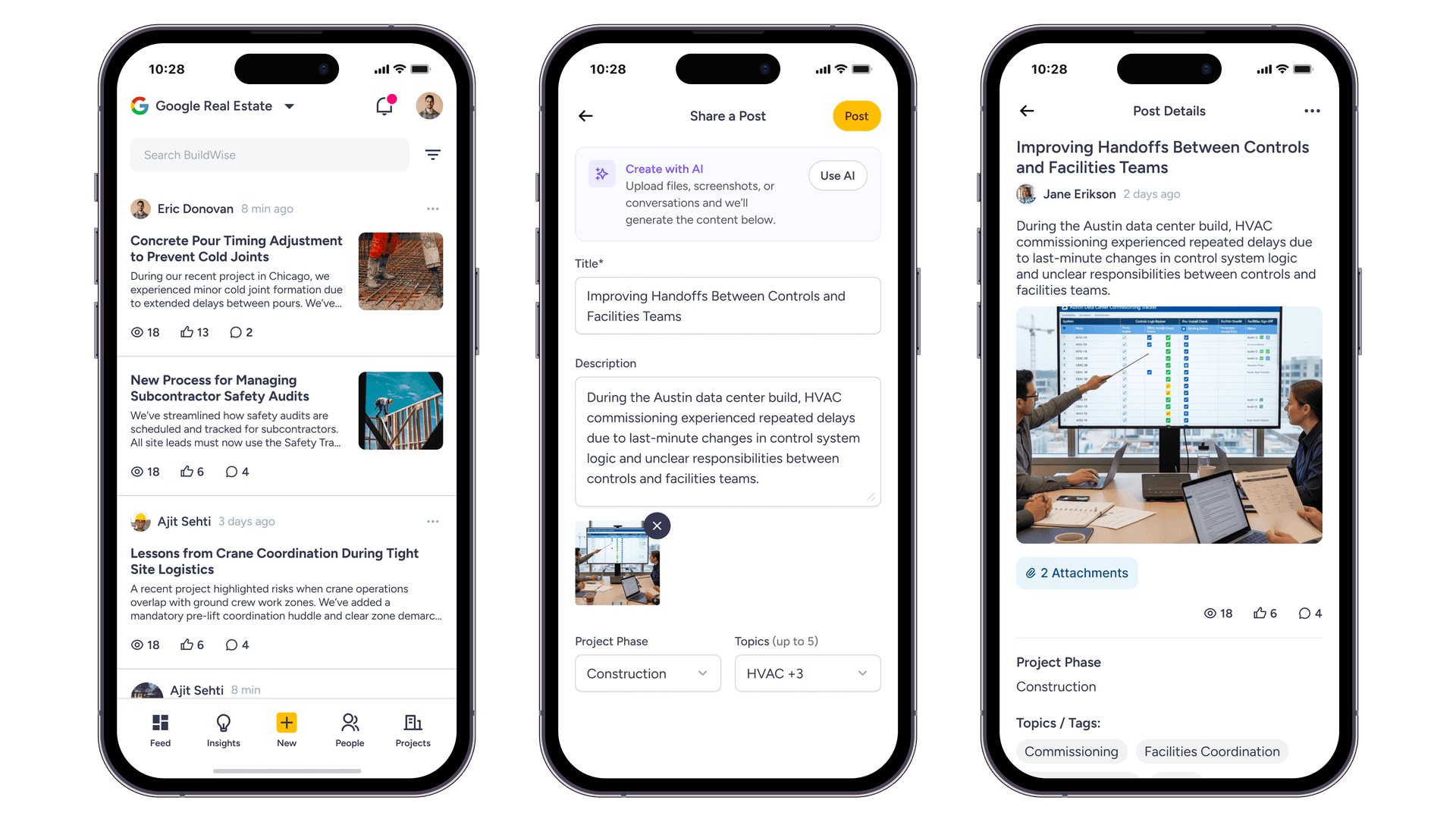 Mobile and web posting flow: AI-assisted creation from files, screenshots, and voice notes.