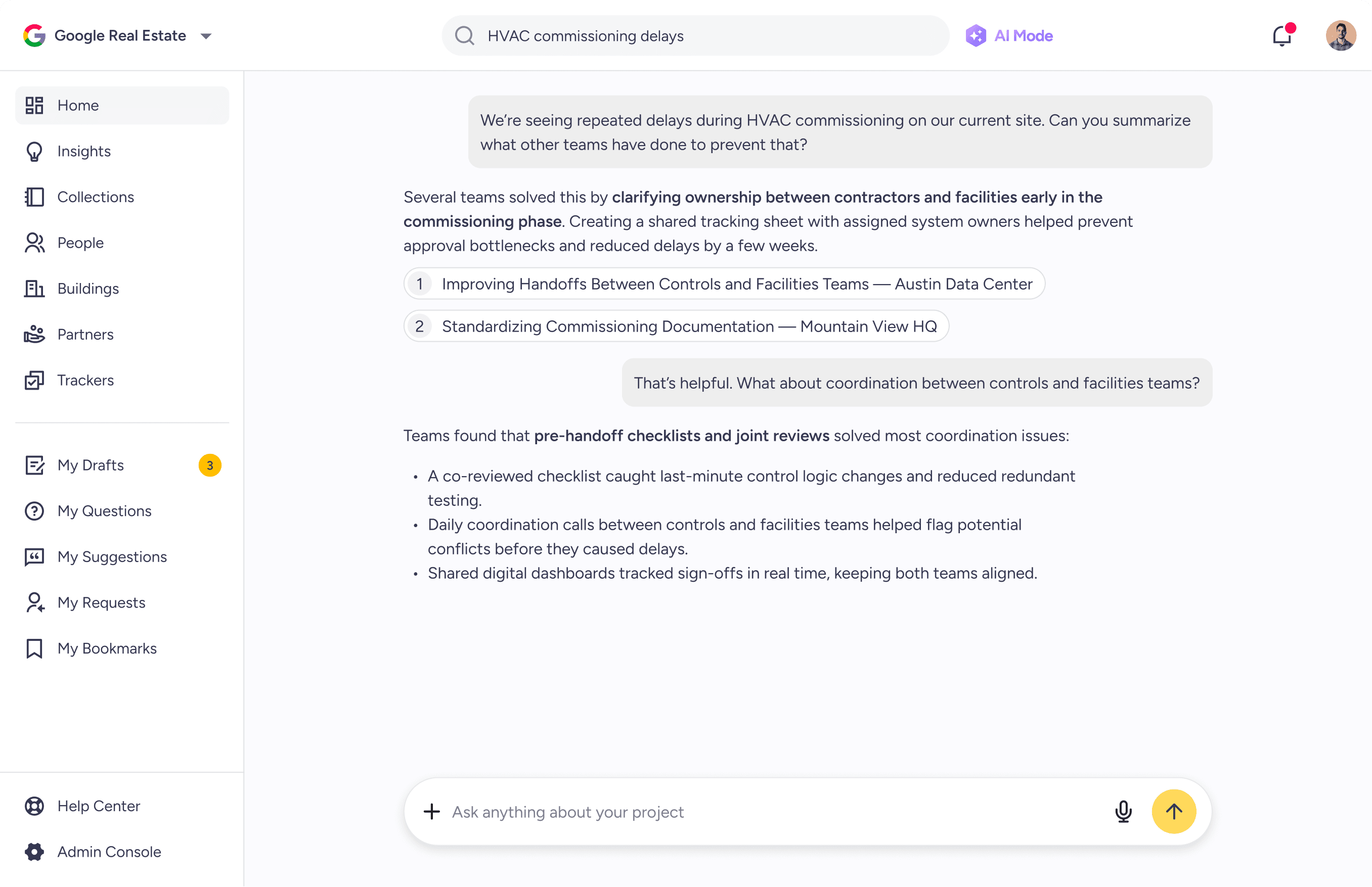 AI-powered search answers complex questions with referenced examples and cross-team collaboration insights.