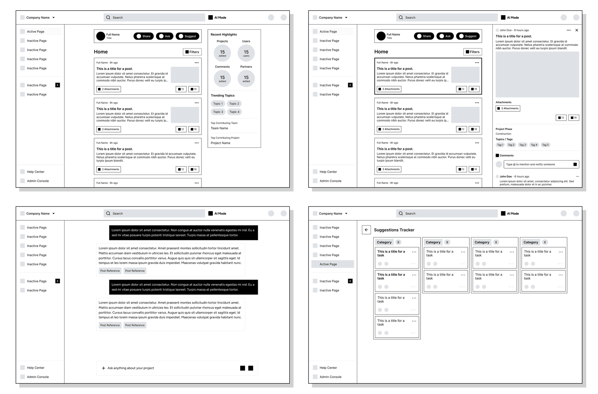 Wireframes: Home feed, post composition, and suggestions tracker layouts.