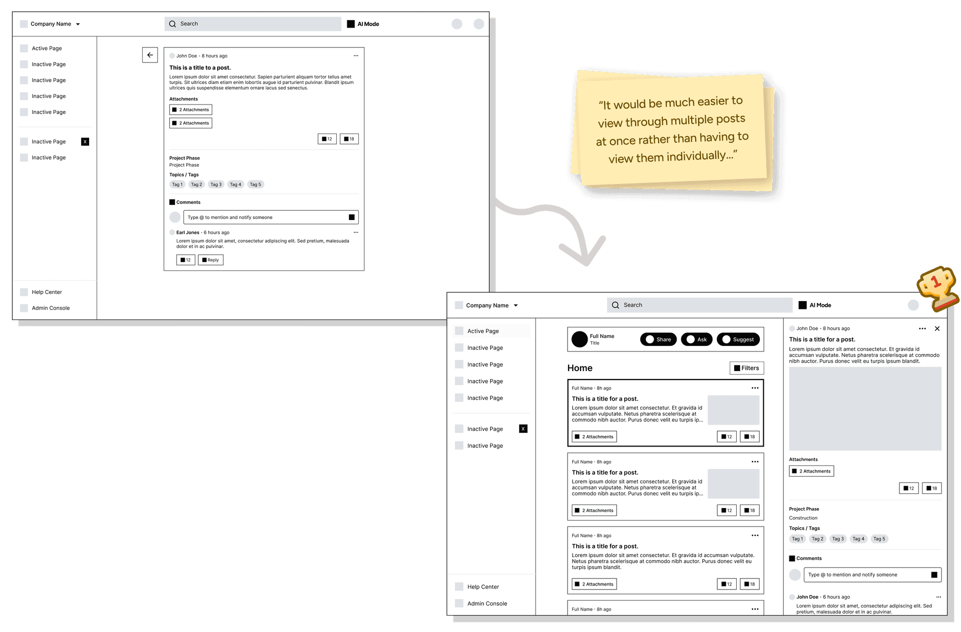 User feedback iteration: Sticky note showing refinement to side-panel post viewing.